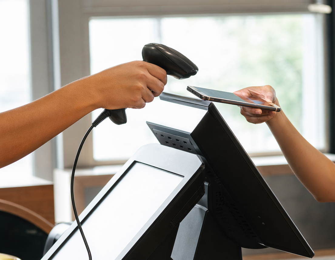 Cashier scanning a mobile payment QR code from a phone